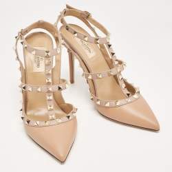 Pre Owned Valentino Beige Leather Rockstud Ankle Strap Pumps Size 39