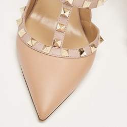 Pre Owned Valentino Beige Leather Rockstud Ankle Strap Pumps Size 39