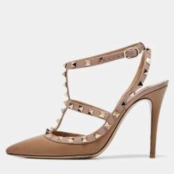 Pre Owned Valentino Brown/Dusty Pink Leather Rockstud Ankle Strap Pumps Size 38