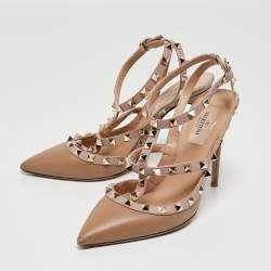 Pre Owned Valentino Brown/Dusty Pink Leather Rockstud Ankle Strap Pumps Size 38