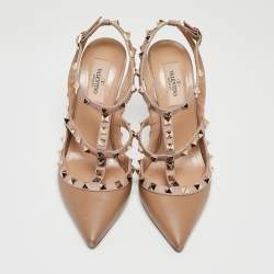 Pre Owned Valentino Brown/Dusty Pink Leather Rockstud Ankle Strap Pumps Size 38