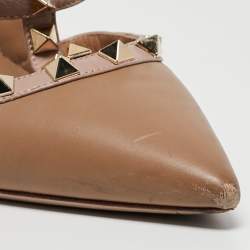 Pre Owned Valentino Brown/Dusty Pink Leather Rockstud Ankle Strap Pumps Size 38