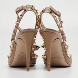 Pre Owned Valentino Brown/Dusty Pink Leather Rockstud Ankle Strap Pumps Size 38