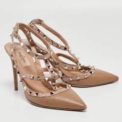 Pre Owned Valentino Brown/Dusty Pink Leather Rockstud Ankle Strap Pumps Size 38