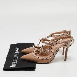 Pre Owned Valentino Brown/Dusty Pink Leather Rockstud Ankle Strap Pumps Size 38