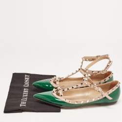 مملوكة مسبقًا Valentino Green Patent Leather Rockstud Ankle Strap Ballet Flats Size 41