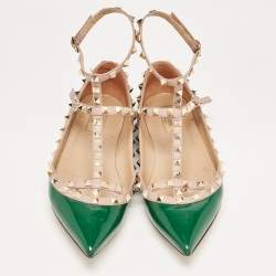 مملوكة مسبقًا Valentino Green Patent Leather Rockstud Ankle Strap Ballet Flats Size 41