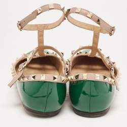 مملوكة مسبقًا Valentino Green Patent Leather Rockstud Ankle Strap Ballet Flats Size 41