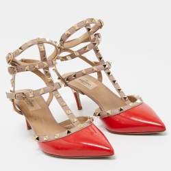 Pre Owned Valentino Red/Beige Patent and Leather Rockstud Pumps Size 39