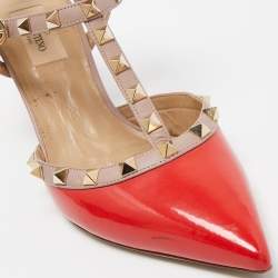 Pre Owned Valentino Red/Beige Patent and Leather Rockstud Pumps Size 39