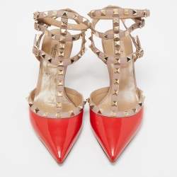 Pre Owned Valentino Red/Beige Patent and Leather Rockstud Pumps Size 39