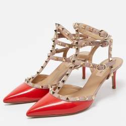 Pre Owned Valentino Red/Beige Patent and Leather Rockstud Pumps Size 39