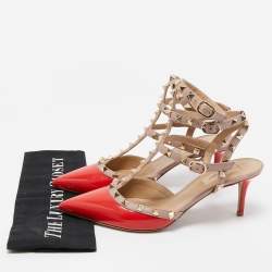 Pre Owned Valentino Red/Beige Patent and Leather Rockstud Pumps Size 39