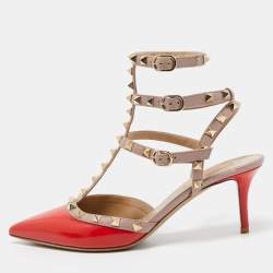 Pre Owned Valentino Red/Beige Patent and Leather Rockstud Pumps Size 39
