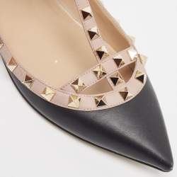 Pre Owned Valentino Black Leather Rockstud Ankle Strap Ballet Flats Size 38.5