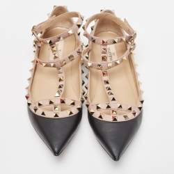 Pre Owned Valentino Black Leather Rockstud Ankle Strap Ballet Flats Size 38.5