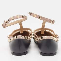 Pre Owned Valentino Black Leather Rockstud Ankle Strap Ballet Flats Size 38.5