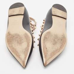 Pre Owned Valentino Black Leather Rockstud Ankle Strap Ballet Flats Size 38.5