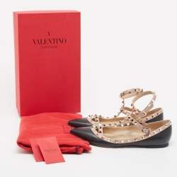 Pre Owned Valentino Black Leather Rockstud Ankle Strap Ballet Flats Size 38.5