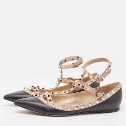 Pre Owned Valentino Black Leather Rockstud Ankle Strap Ballet Flats Size 38.5