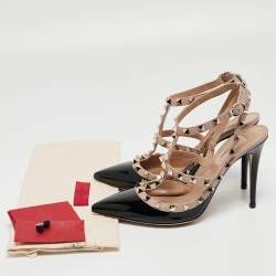 Pre Owned Valentino Black/Beige Patent Leather Rockstud Caged Ankle Strap Pumps Size 38