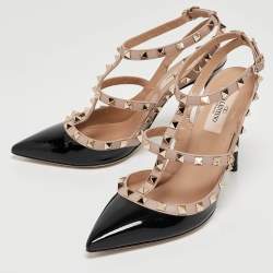 Pre Owned Valentino Black/Beige Patent Leather Rockstud Caged Ankle Strap Pumps Size 38