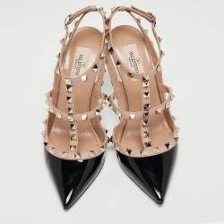 Pre Owned Valentino Black/Beige Patent Leather Rockstud Caged Ankle Strap Pumps Size 38