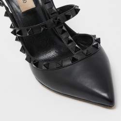 Pre Owned Valentino Black Leather Rockstud Ankle Strap Pumps Size 38.5