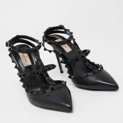 Pre Owned Valentino Black Leather Rockstud Ankle Strap Pumps Size 38.5