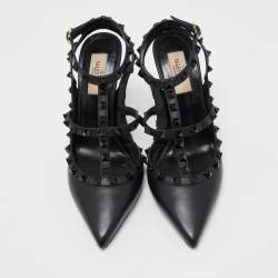 Pre Owned Valentino Black Leather Rockstud Ankle Strap Pumps Size 38.5