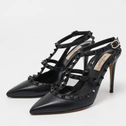 Pre Owned Valentino Black Leather Rockstud Ankle Strap Pumps Size 38.5