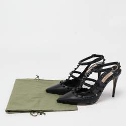 Pre Owned Valentino Black Leather Rockstud Ankle Strap Pumps Size 38.5