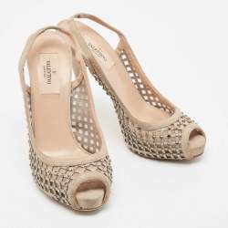 Valentino Beige Crystal Embellished Suede and Mesh Peep Toe Slingback Pumps Size 36.5