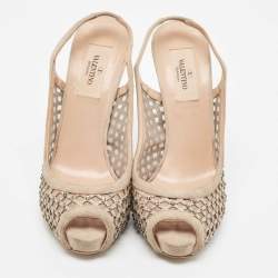 Valentino Beige Crystal Embellished Suede and Mesh Peep Toe Slingback Pumps Size 36.5