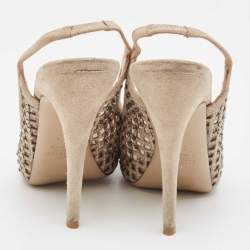 Valentino Beige Crystal Embellished Suede and Mesh Peep Toe Slingback Pumps Size 36.5