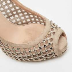 Valentino Beige Crystal Embellished Suede and Mesh Peep Toe Slingback Pumps Size 36.5