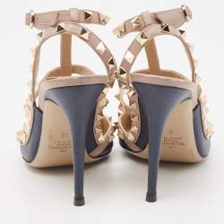 Pre Owned حذاء كعب عالي فالنتينو روكستد جلد وردي فاتح/ أزرق كحلي بحزام للكاحل مقاس 40