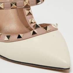Pre Owned Valentino Off White/Dusty Pink Leather Rockstud Ankle Strap Pumps Size 38.5