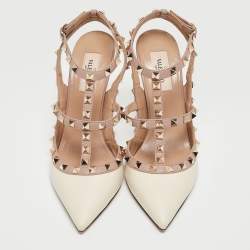 Pre Owned Valentino Off White/Dusty Pink Leather Rockstud Ankle Strap Pumps Size 38.5