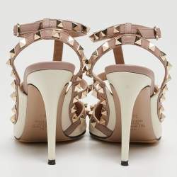 Pre Owned Valentino Off White/Dusty Pink Leather Rockstud Ankle Strap Pumps Size 38.5