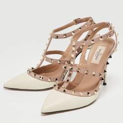 Pre Owned Valentino Off White/Dusty Pink Leather Rockstud Ankle Strap Pumps Size 38.5
