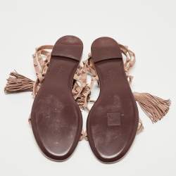 Pre Owned Valentino Beige Leather Rockstud Ankle Wrap Flats Size 40