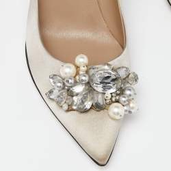 Pre Owned Valentino Grey Satin Crystal and Faux Pearl Embellished Pumps Size 37.5