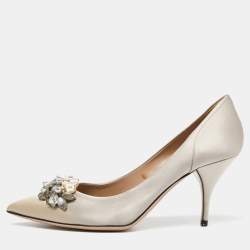Pre Owned Valentino Grey Satin Crystal and Faux Pearl Embellished Pumps Size 37.5