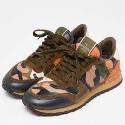 Pre Owned Valentino Multicolor Camo Print Canvas and Leather Rockrunner Sneakers Size 37.5