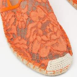 Pre Owned Valentino Neon Orange Lace Espadrille Flats Size 37