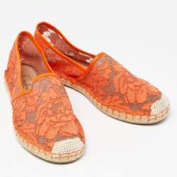 Pre Owned Valentino Neon Orange Lace Espadrille Flats Size 37