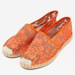 Pre Owned Valentino Neon Orange Lace Espadrille Flats Size 37