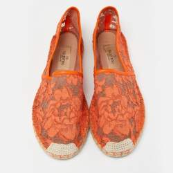 Pre Owned Valentino Neon Orange Lace Espadrille Flats Size 37