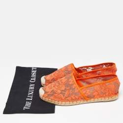 Pre Owned Valentino Neon Orange Lace Espadrille Flats Size 37